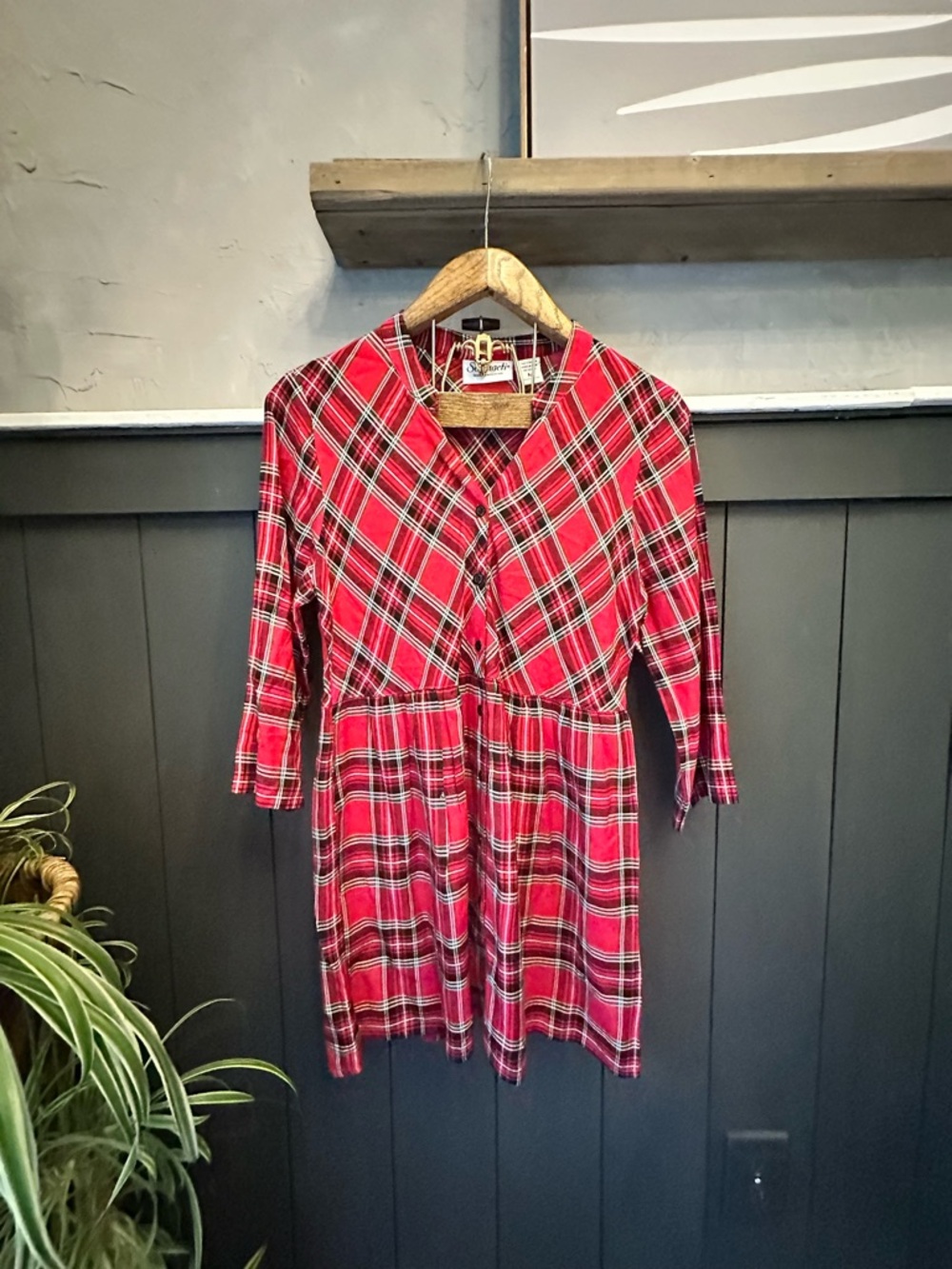Serengeti Red Plaid Babydoll Dress 3/4 Sleeve Button Front size M